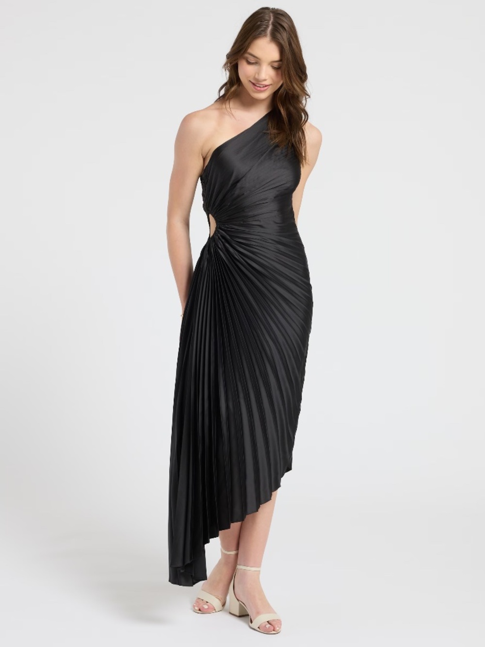 NWT Express Black Pleated One Shoulder Cutout Asymmetrical Midi Dress Sz S LBD